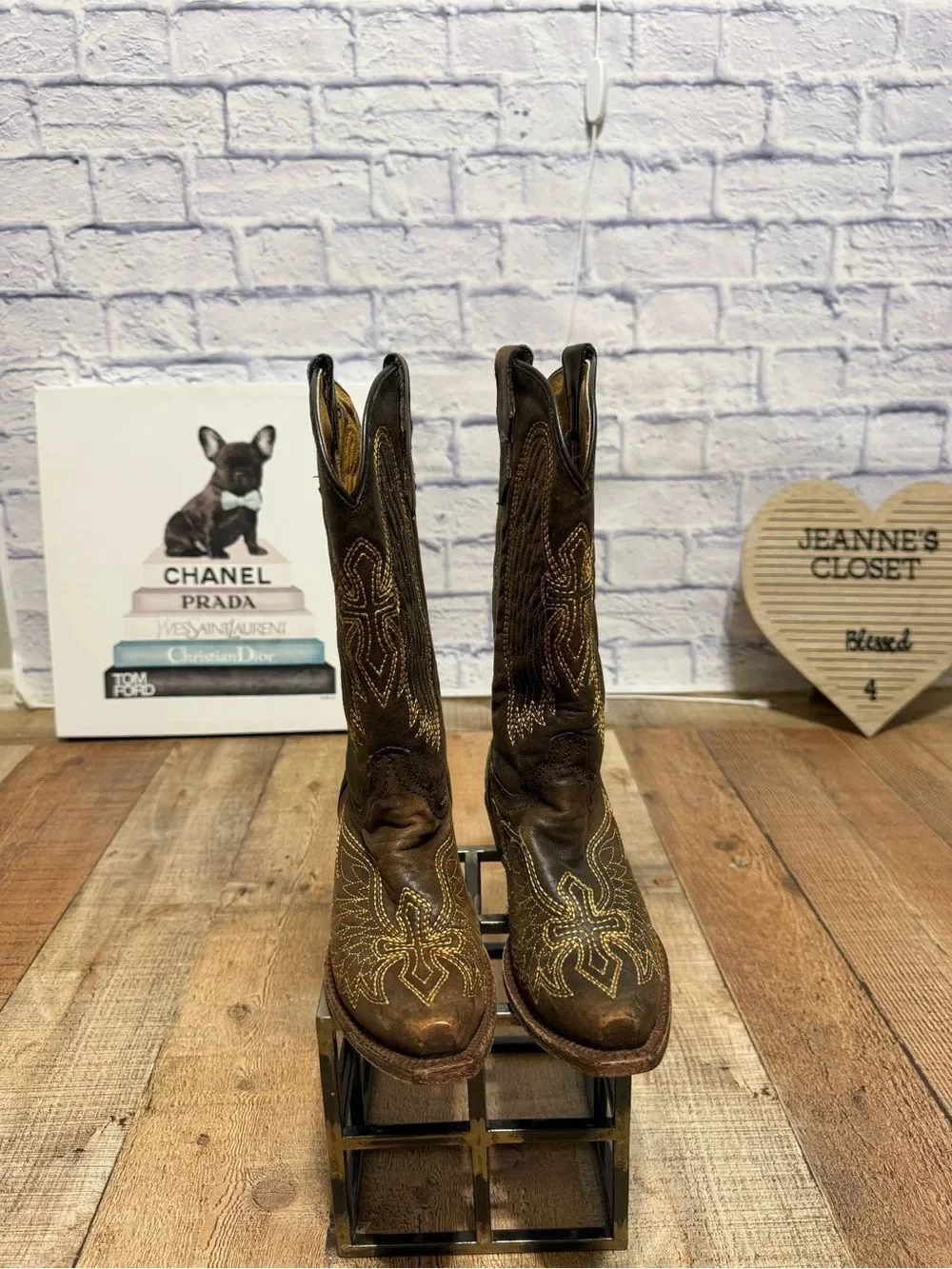 Corral teens A1029 Wing & Cross Western Brown Leather Boot Sz 4 1/2